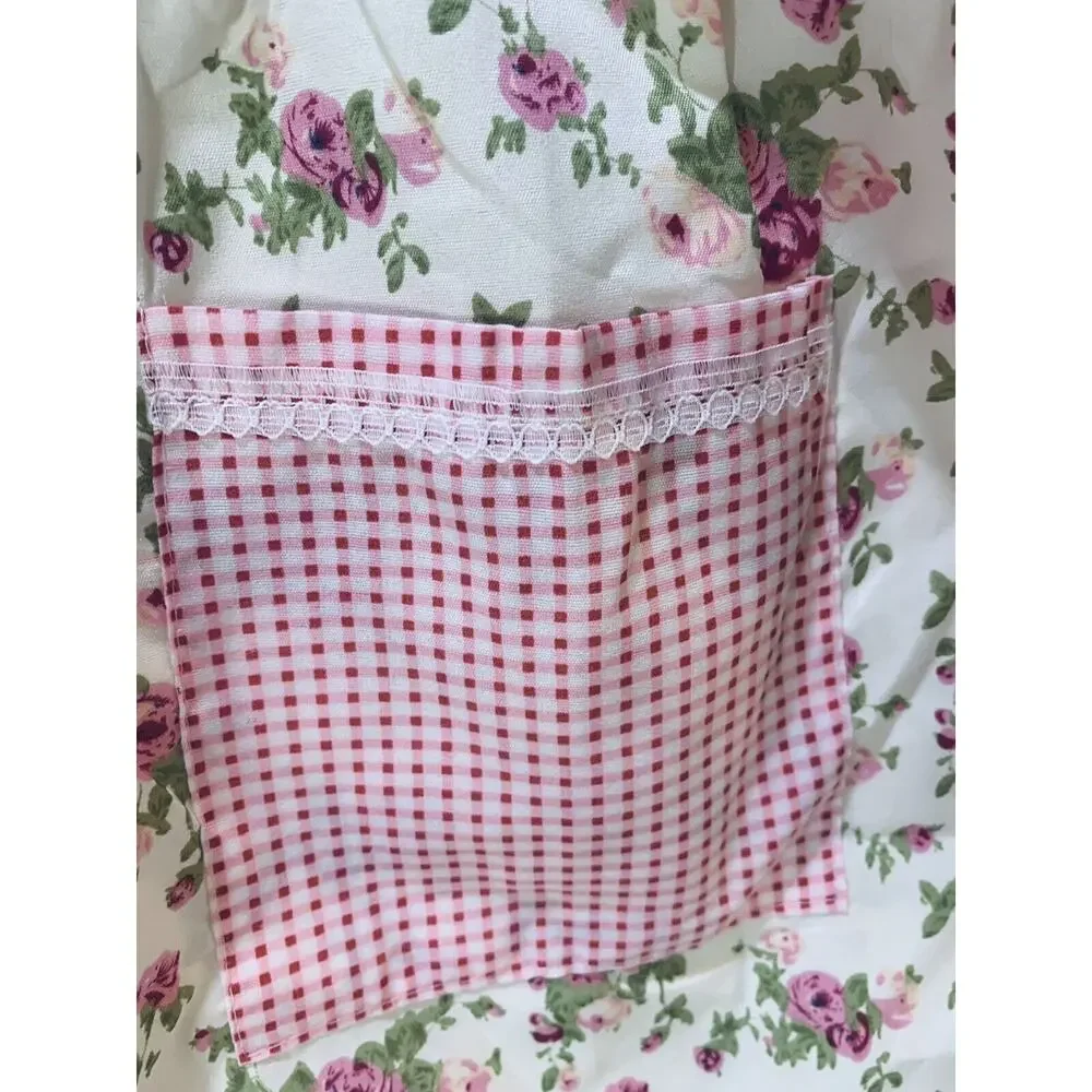 Teen Apron Raylinedo Junior Pink White Double Pocket Full Floral Gingham Ruffle